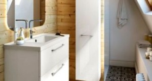 On aime ce mélange de matériaux inattendus pour refaire sa salle de bain avec un sol d’époque. Les motifs des carreaux s’assortissent à merveille avec les lambris en pin.